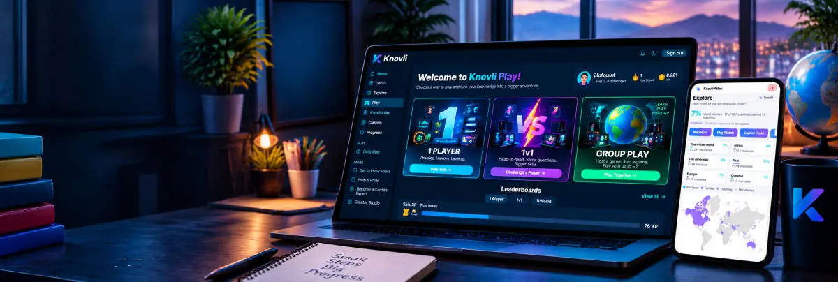 Knovli Play on a laptop — 1 Player, 1v1 and Group Play — beside Knovli Atlas on a phone