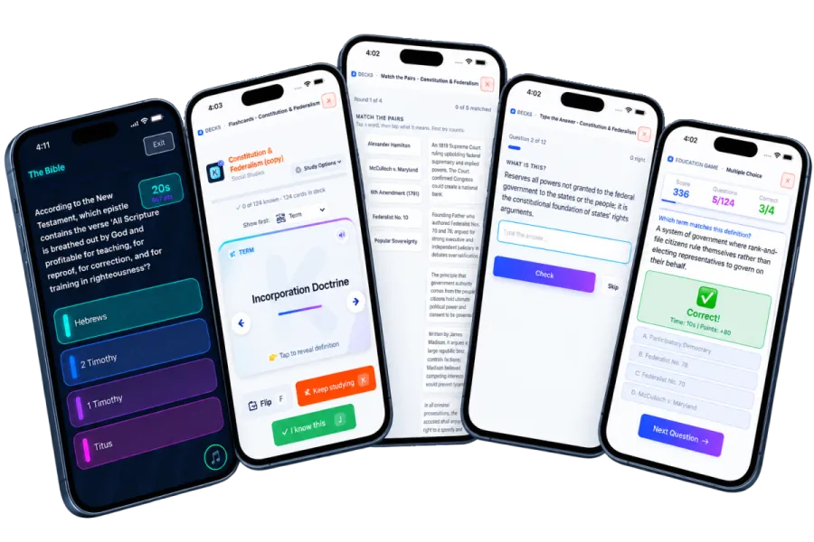 Five phones showing Knovli study modes: a quiz, flashcards, match the pairs, type the answer and multiple choice