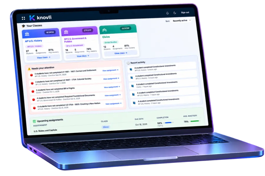 A teacher’s Knovli class dashboard on a laptop: classes, overdue work and recent activity